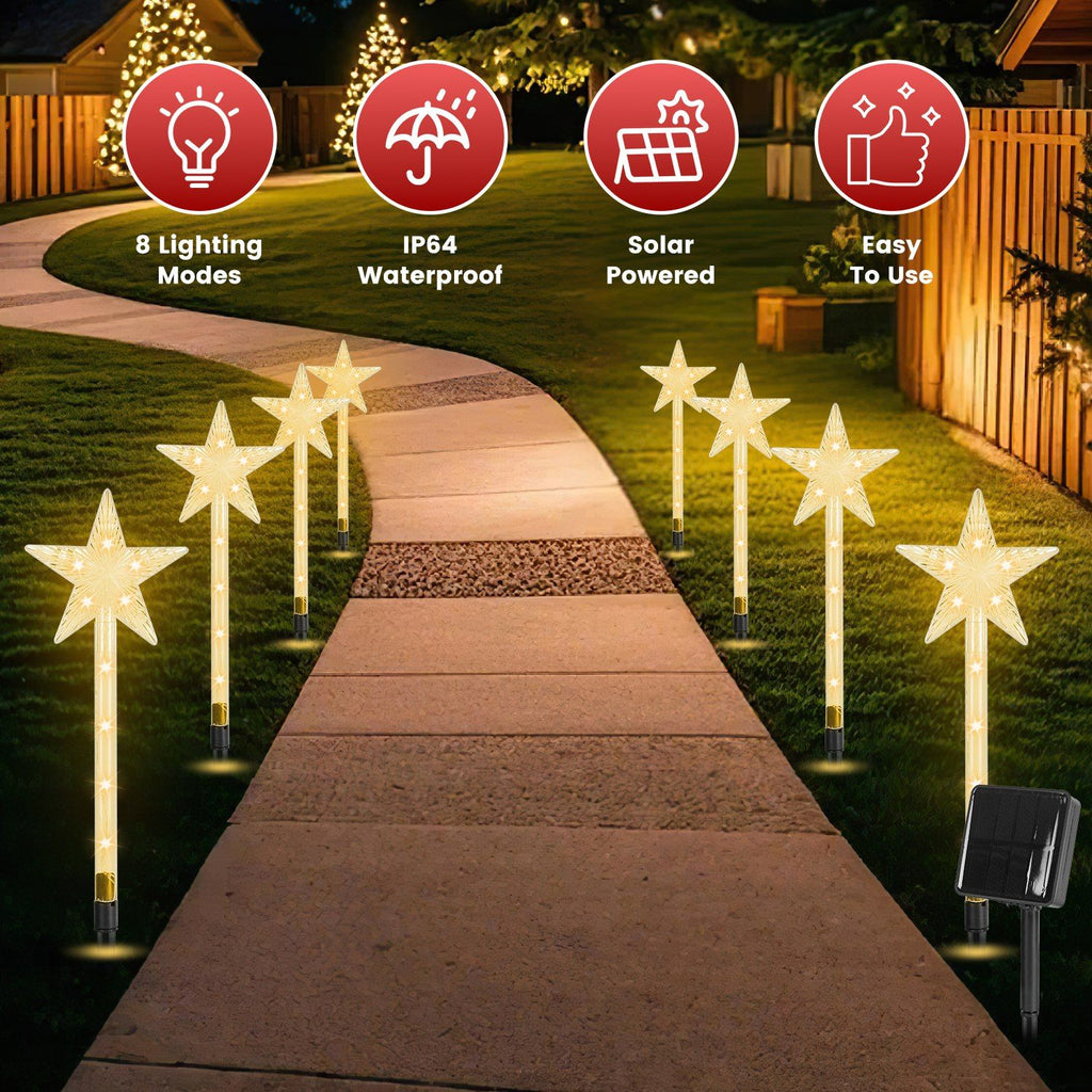 8Pack Christmas Solar Stake Light 64LED Beads Star-Shaped Pathway Lights With 8 Lighting Modes IP64 Waterproof Xmas Decoration For Garden Patio Yard Porch Driveway