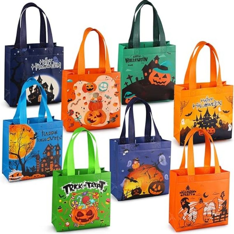 8PCS Halloween Trick or Treat Bags, Non-Woven Gift Tote Bags with Handles for Gifts Wrapping, Party Supplies, 7.9 * 7.9 * 3.15inch