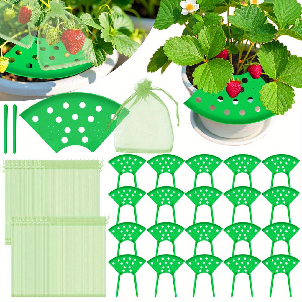 8Set Home Strawberry Planting Kit with 2 Sturdy Legs Inchlde 16 Strawberry Plant Supports 40 Insect-proof Mesh Bag Reusable Strawberry Growing Racks Frame Protecting Strawberry Plants