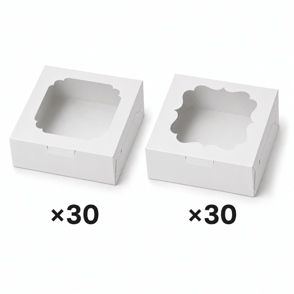 8x8x2.5 Inch Bakery Boxes with Window, 60 Pack White Cookie Boxes with 2 Window Styles, Food Grade Paperboard Cake Boxes for Donuts, Macarons, Cookies, Pastries
