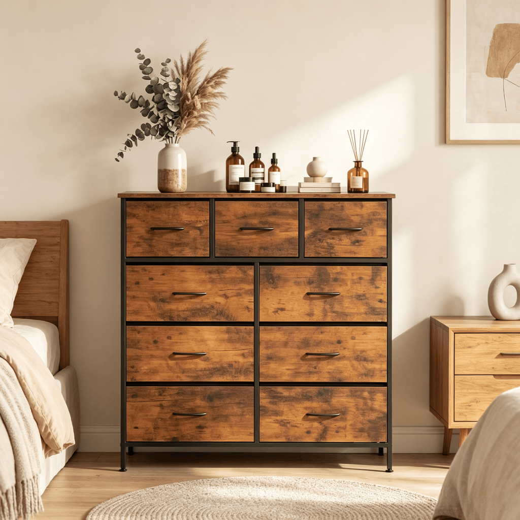 9-Drawer Fabric Dresser with Wooden Top for Bedroom Storage Organizer  for Clothes Toys And More