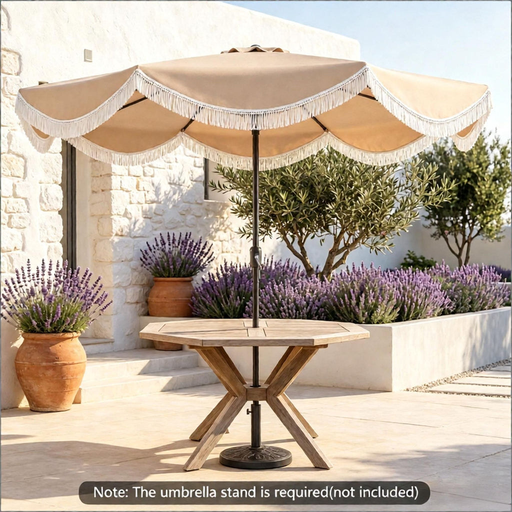 9 FT Outdoor Patio Umbrella with Fringe Tassel And Push Button Tilt Feature for Extended Sunshade Coverage