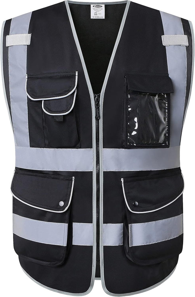 9 Multi-Functional Pockets Zipper Front Safety Vest With Reflective Strips Meet ANSI/ISEA Standards (150-Black, Large)