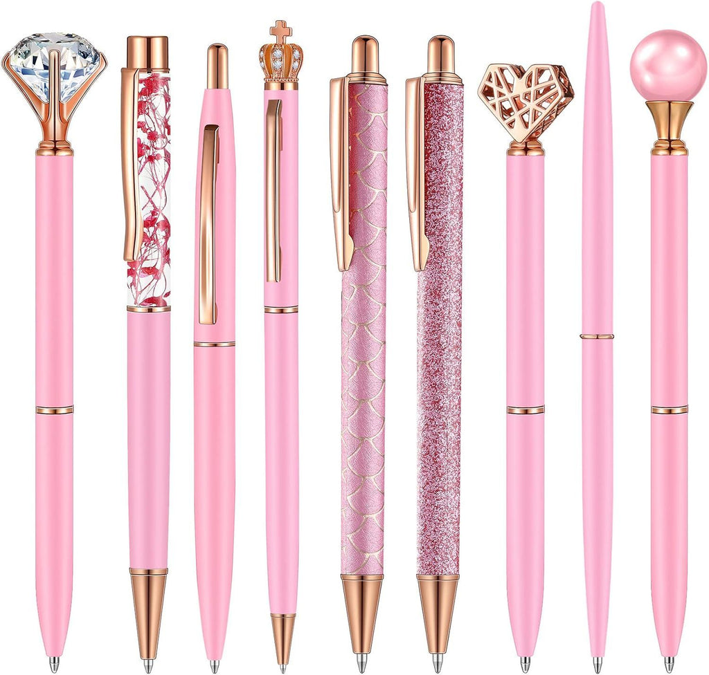 9 Pcs Ballpoint Pens Set Metal Crystal Diamond Glitter Pens for Journaling Black Ink Pretty Cute Things Fancy Stationery Gifts for Women Girls Birthday Home Office Desk(Pink)