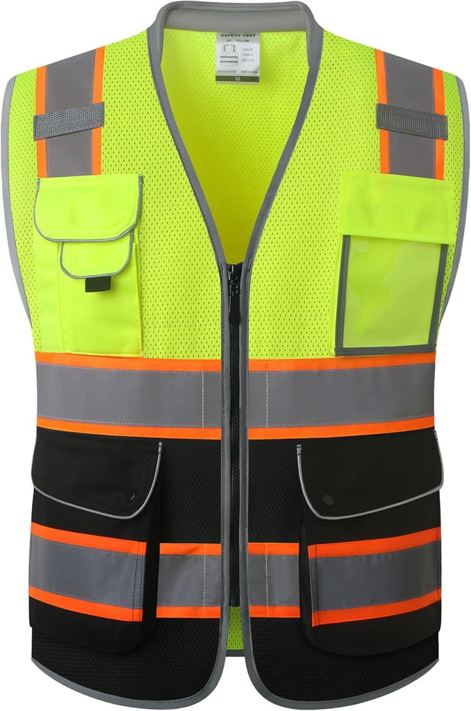 9 Pockets Class 2 Hi-Vis Safety Vest High Visibility Reflecitive Mesh Safety Vests for Men and Women Cushioned Collar Work Utility PPE Work Gear ANSI/ISEA compliant (Black L)