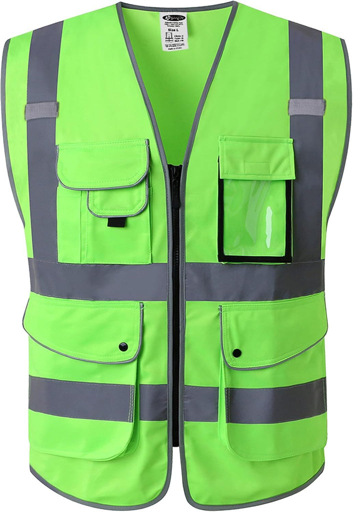 9 Pockets Class 2 High Visibility Zipper Front Safety Vest With Reflective Strips, Meets ANSI/ISEA Standards (Large, 150-Green)
