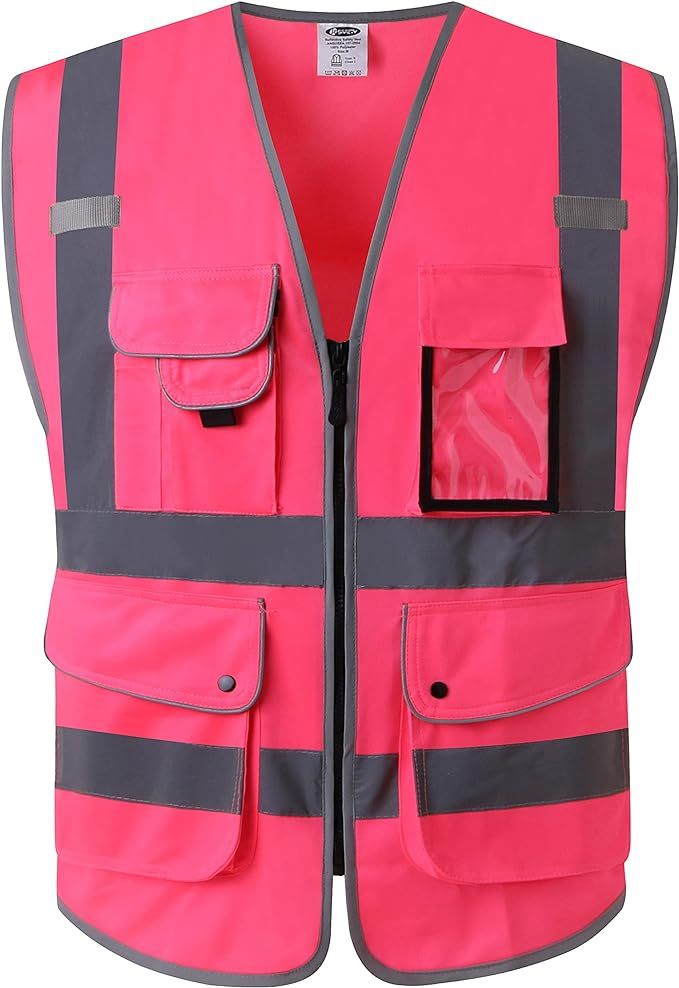 9 Pockets Class 2 High Visibility Zipper Front Safety Vest With Reflective Strips, Meets ANSI/ISEA Standards (Large, 150-Pink)