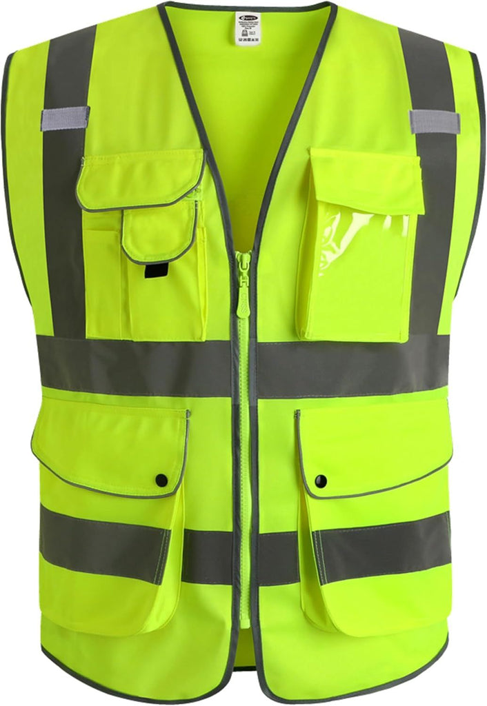 9 Pockets Class 2 High Visibility Zipper Front Safety Vest With Reflective Strips,Meets ANSI/ISEA Standard (Large, 150-Yellow)