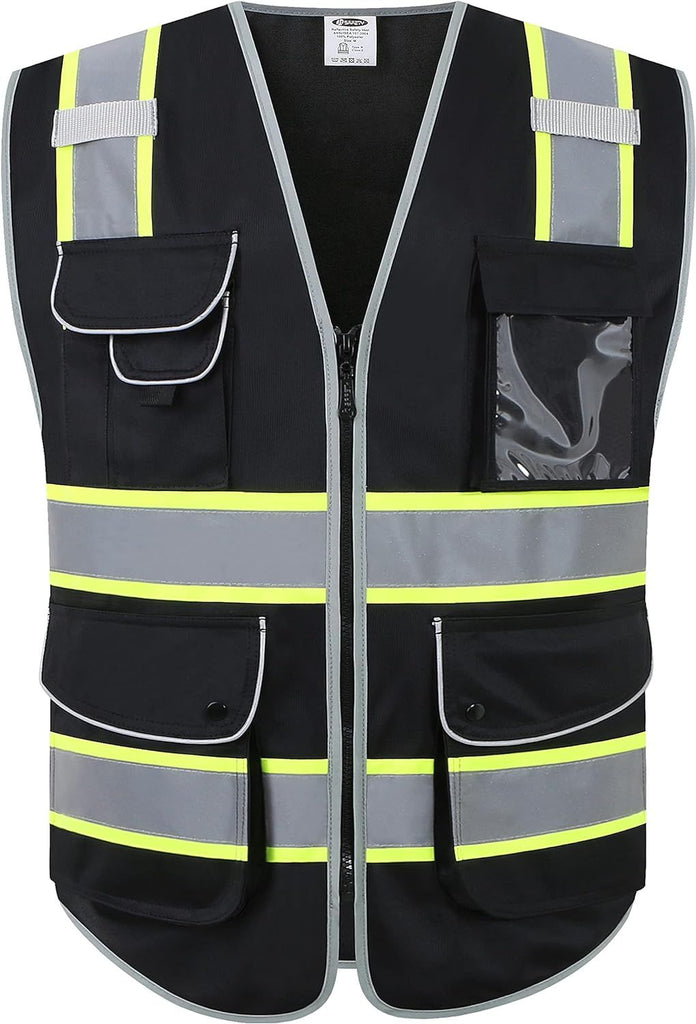 9 Pockets Hi-Vis Black Color Zipper Front Safety Vest Fluorescent Yellow Strips outlining the Reflective Tapes ANSI/ISEA Class 1 (901-Black, Large)