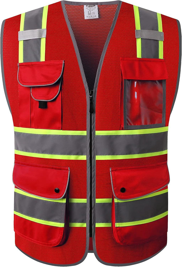 9 Pockets Hi-Vis Neon Red Zipper Front MESH Safety Vest with Fluorescent Yellow Extend Edge outlining the Reflective Tapes Meet ANSI/ISEA Class 2 Standard (100-Red, Large)