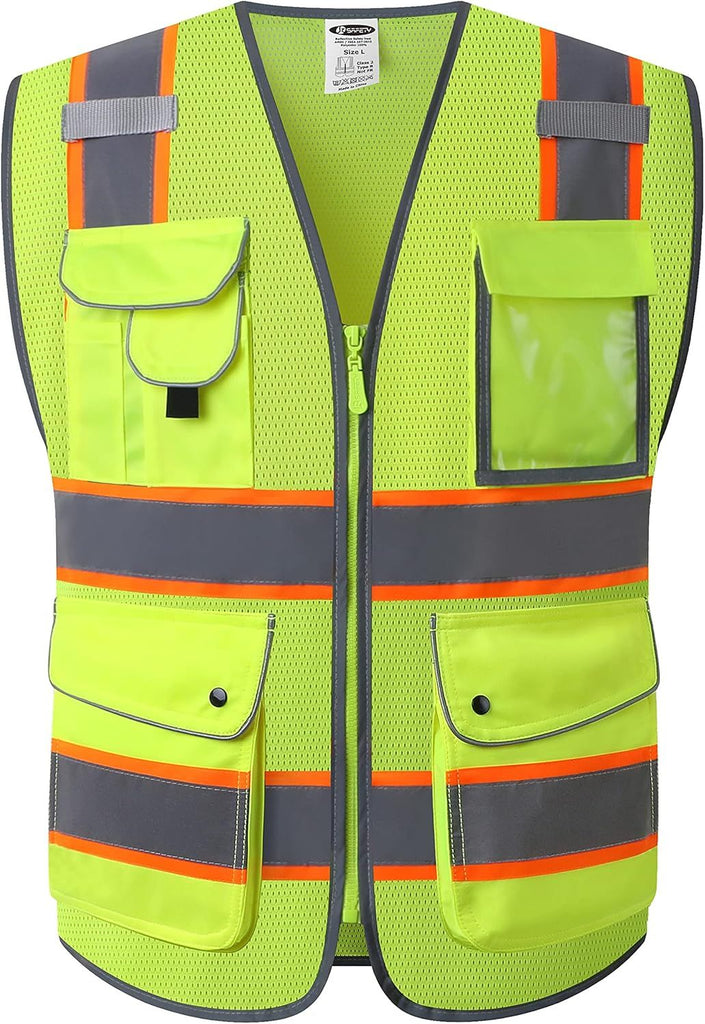 9 Pockets Hi-Vis Neon Yellow Zipper Front MESH Safety Vest with Fluorescent Orange Extend Edge outlining the Reflective Tapes Meet ANSI/ISEA Class 2 Standard (100-Yellow, L)