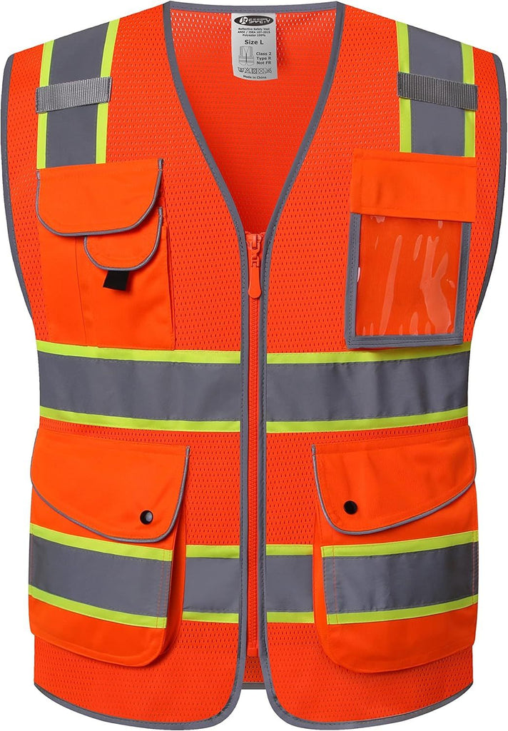 9 Pockets Hi-Vis Reflective Safety Vest | Mesh Fabric | Fluorescent Orange Color with Neon Yellow Extended Trims | ANSI/ISEA Compliance (100-Orange, L)