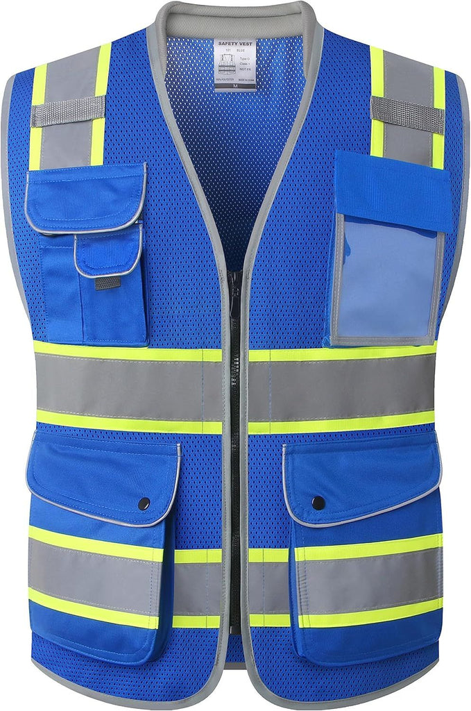 9 Pockets Hi-Vis Safety Vest Breathable Mesh Fabric Cushioned Collar Work Utility PPE Lightweight Industrial Work Gear ANSI/ISEA compliant (101-Blue L)