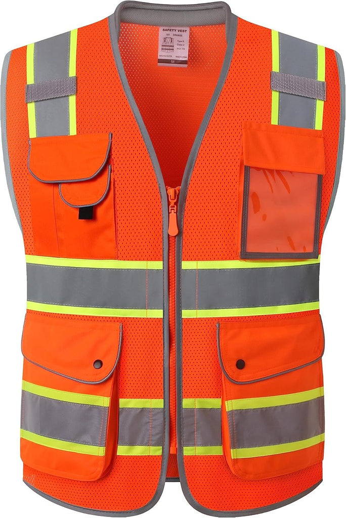 9 Pockets Hi-Vis Safety Vest Breathable Mesh Fabric Cushioned Collar Work Utility PPE Lightweight Industrial Work Gear ANSI/ISEA compliant (101-Orange L)