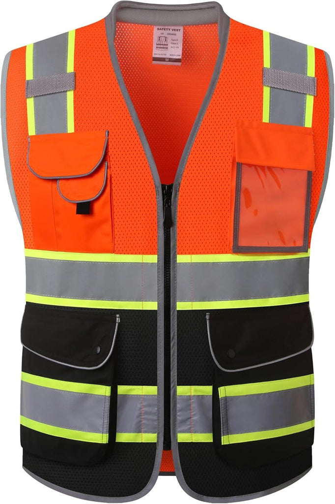 9 Pockets Hi-Vis Safety Vest High Visibility Reflecitive Mesh Safety Vests for Men and Women Cushioned Collar Work Utility PPE Work Gear ANSI/ISEA compliant Class 2 (101-OBlk L)