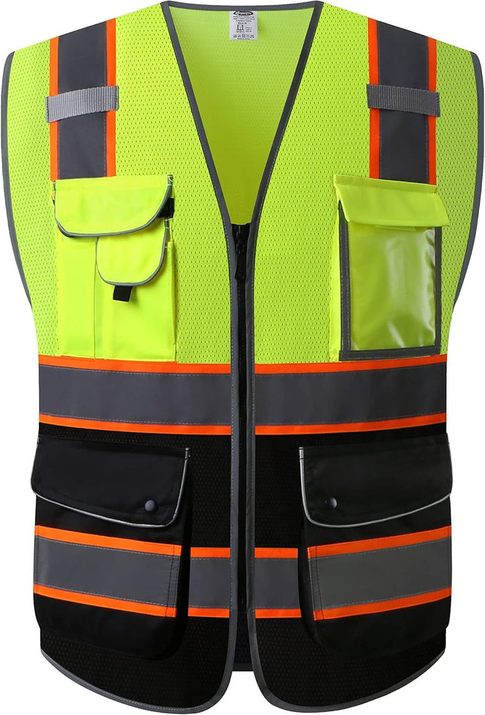 9 Pockets High Visibility Dual Color Zipper Front MESH Lite Safety Vest | Orange Color Triming Reflective Strip | ANSI/ISEA Standards (100-Yellow-Black, L)