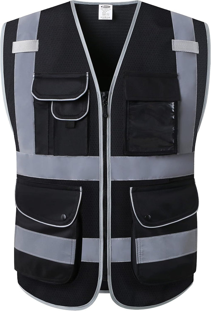 9 Pockets High Visibility Safety Vest for Men and Women, Hi-Vis Reflective Black Safety Vests with Zipper Front, Meet ANSI/ISEA Standards(159-Black L)