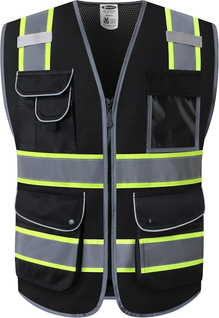9 Pockets High Visibility Zipper Front MESH Black Safety Vest | Black with Dual Tone High Reflective Strips | ANSI/ISEA Standards (100-Black, L)