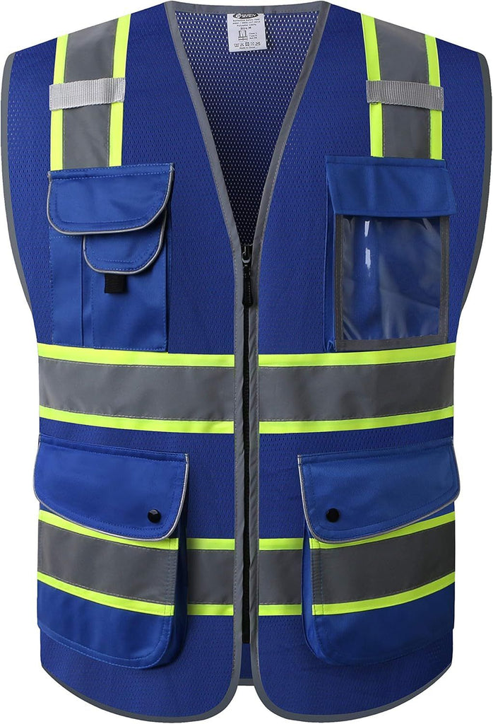 9 Pockets High Visibility Zipper Front MESH Blue Safety Vest | Blue with Dual Tone High Reflective Strips | ANSI/ISEA Standards (100-Blue, L)