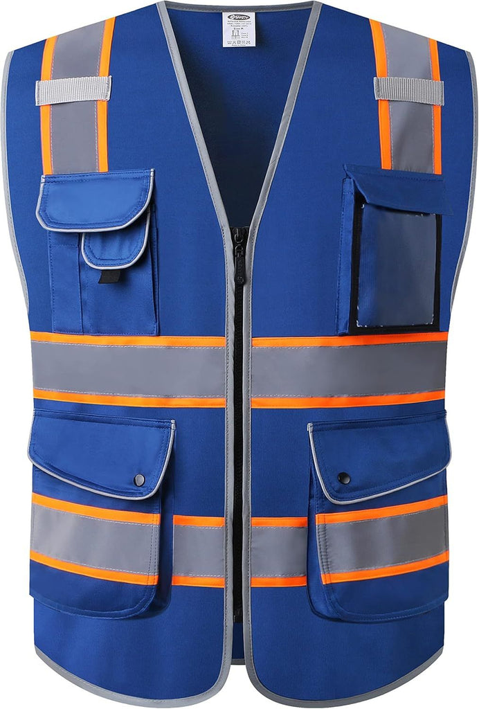 9 Pockets High Visibility Zipper Front Safety Vest | Blue with Dual Tone High Reflective Strips | Meets ANSI/ISEA Standards (901-Blue, Large)