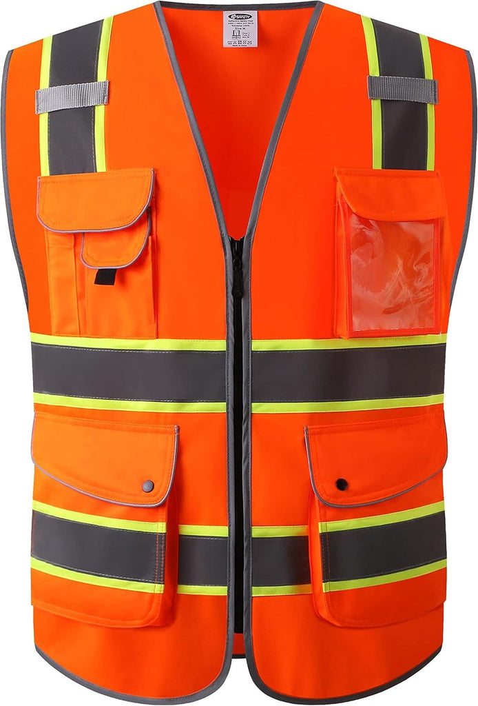 9 Pockets High Visibility Zipper Front Safety Vest | Orange with Dual Tone High Reflective Strips | Meets ANSI/ISEA Standards (901-Orange, Large)