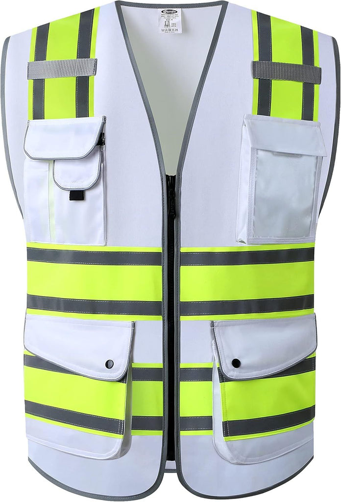 9 Pockets High Visibility Zipper Front Safety Vest | White with Dual Tone High Reflective Strips | Meets ANSI/ISEA Standards (901-White, Large)