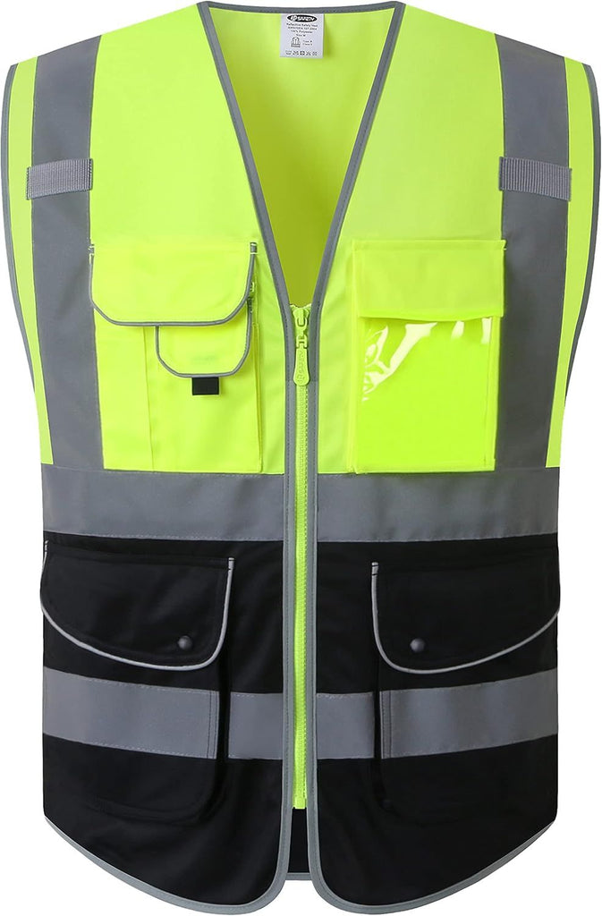9 Pockets High Visible Reflective Safety Vest Zipper Front Breathable Lining, Yellow-Black Meets ANSI/ISEA Standards(150-Yellow-Black L