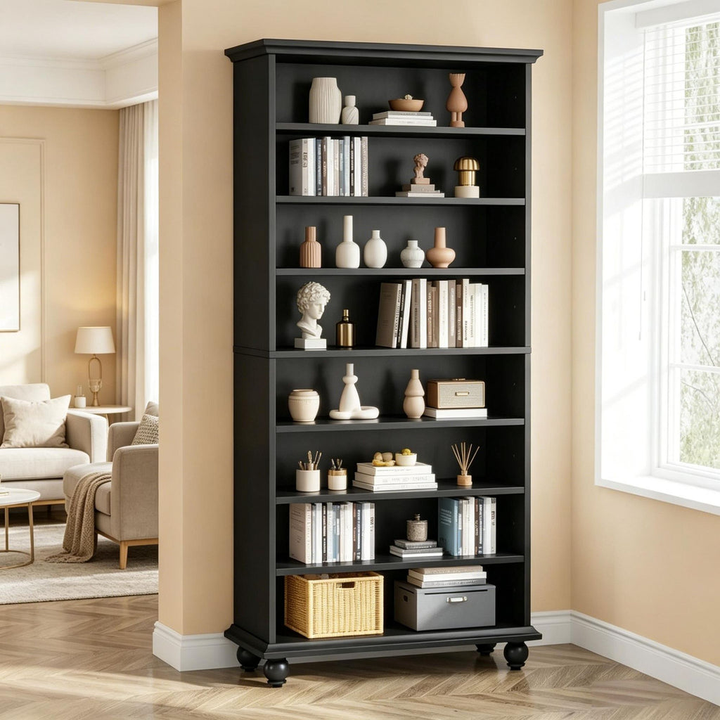 9-Tier Bookcase Wood Bookshelf Solid Wood Legs LED Lighting Home Office Organizer Shelf