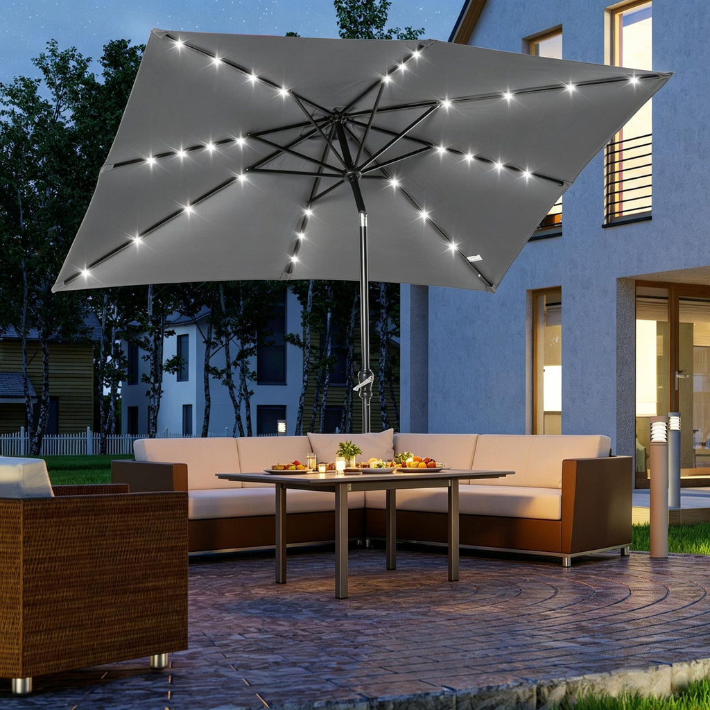 9' X 7' LED Lighted Solar Umbrella with Tilt & Crank Function Dark Gray for Patio Table Base Outdoor Use in Garden Deck Backyard Pool Beach