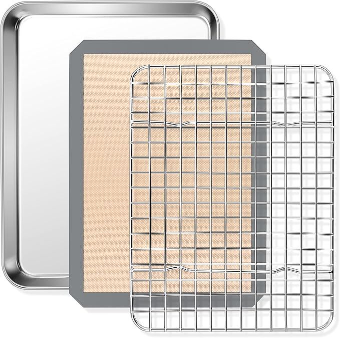 9 x 7 x 1 Inch Toaster Oven Pan with Grid Rack and Silicone Mat, Stainless Steel Toaster Oven Tray Baking Pan with Cooling Roasting Rack, Dishwasher Safe (3Pcs)