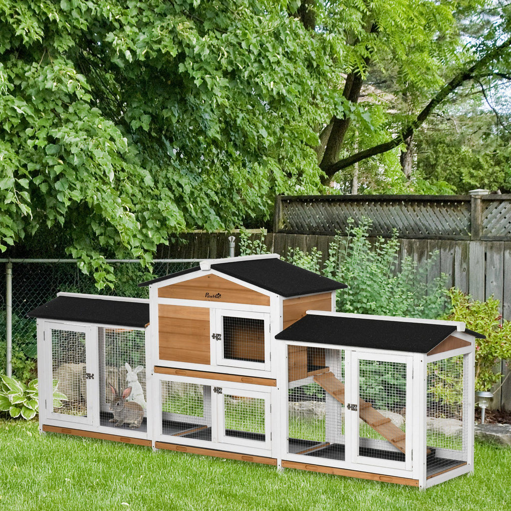 90.5" Wooden Rabbit Hutch Bunny Cage Pet Playpen House Enclosure with Double Side Run Boxes, No Leak Tray, Ramp, for Guinea Pig and Small Animals, White