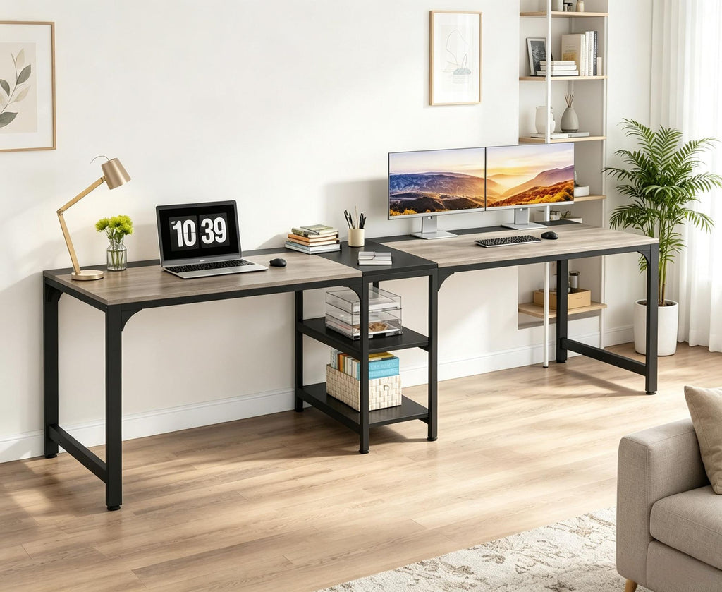 90.55 Inch Double Computer Desk Two Person Shared Workstation with Storage Shelves for Home Office