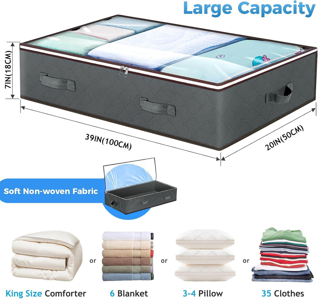 90L Under Bed Storage Containers, Closet Organizers and Storage Bins, Foldable Underbed Storage Bags for Blanket, Clothing, Comforter, Sweaters, Pillows, Linen Sheets, Wrapping Paper, Grey