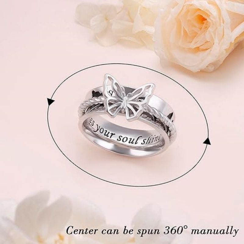 925 Sterling Silver Butterfly Lotus Moonstone Spinning Ring for Anxiety Stress Relief Fidget Ring Birthday Gift for Women