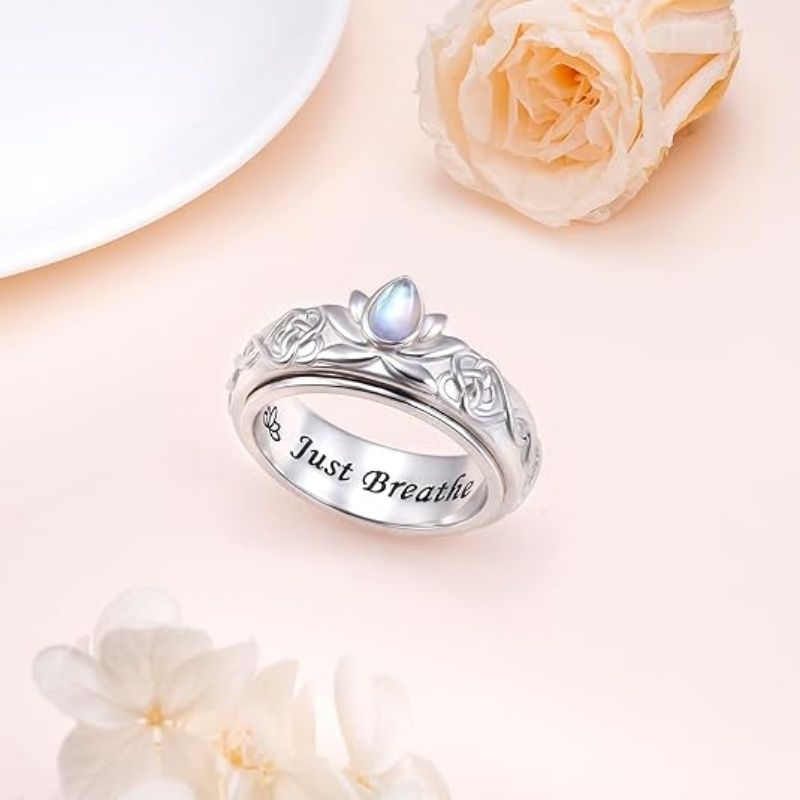 925 Sterling Silver Butterfly Lotus Moonstone Spinning Ring for Anxiety Stress Relief Fidget Ring Birthday Gift for Women