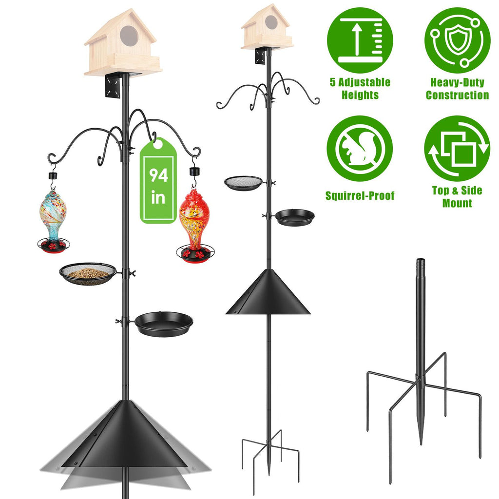 94Inch Squirrel Proof Bird Feeder Pole Heavy-Duty Bird House Pole Outdoor Bird Feeding Station with 5 Adjustable Heights 4 Shepherd Hooks Top & Side Mount Brackets 5-Pronged Base