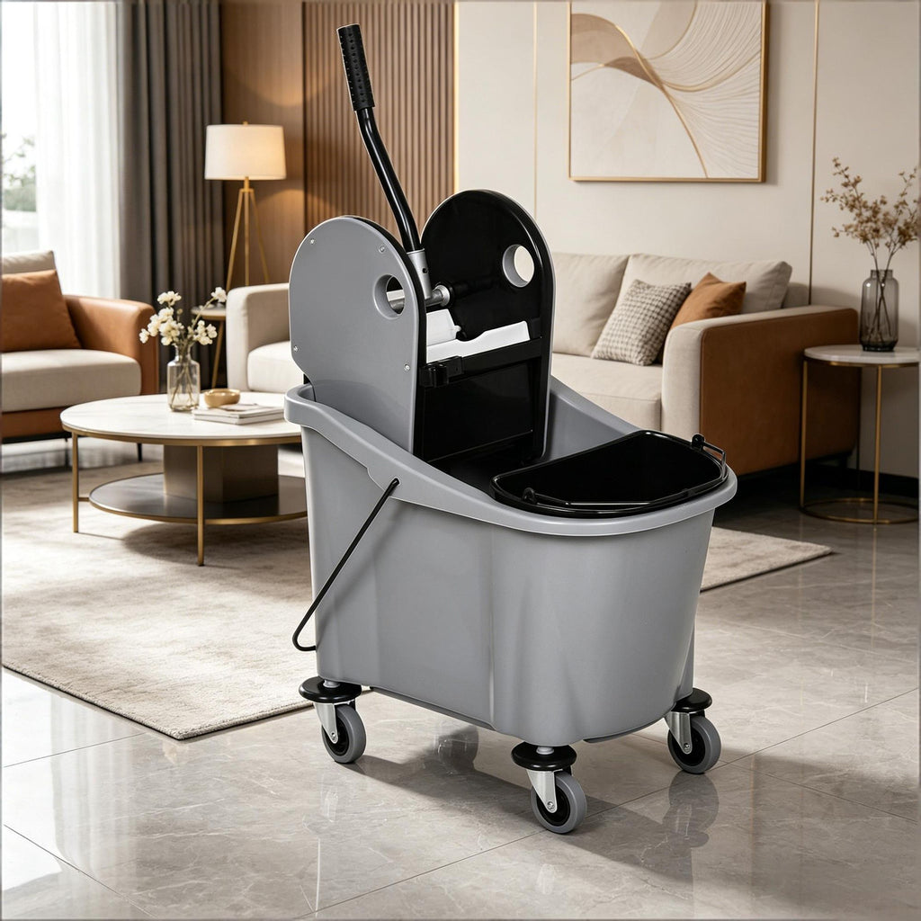 9.5 Gallon Mop Bucket with Cleaning Cart 4 Moving Wheels Mop-Handle Holder 2 Separate Buckets Gray