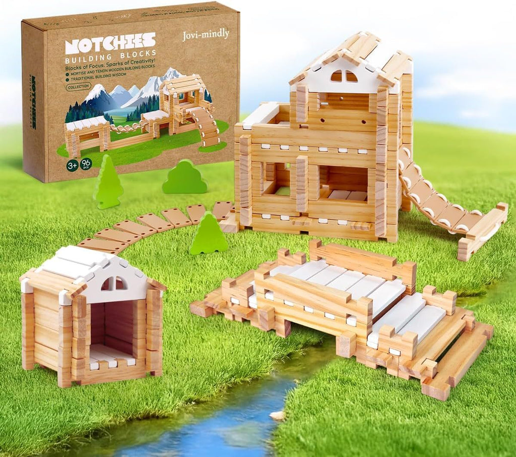 96 PCS Wooden Blocks Wooden Toys with Storage Bag, Preschool Learning Toys Wood Blocks Building for Kids Ages 4-8 Creative Construction Game,FSC Certified,New Year Gifts