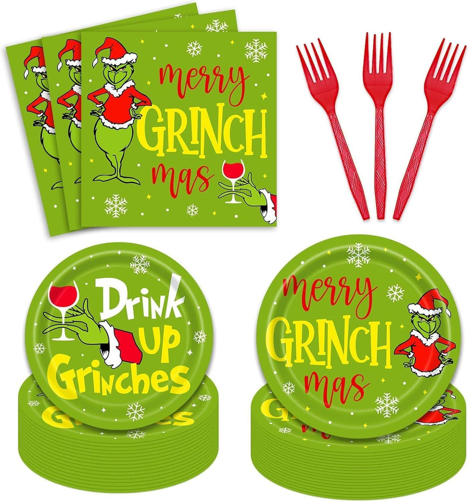 96Pcs Grinchmas Party Supplies Merry Christmas Whoville Winter Holiday Paper Plates and Napkin Tableware Set Xmas Gift for 24 Guests