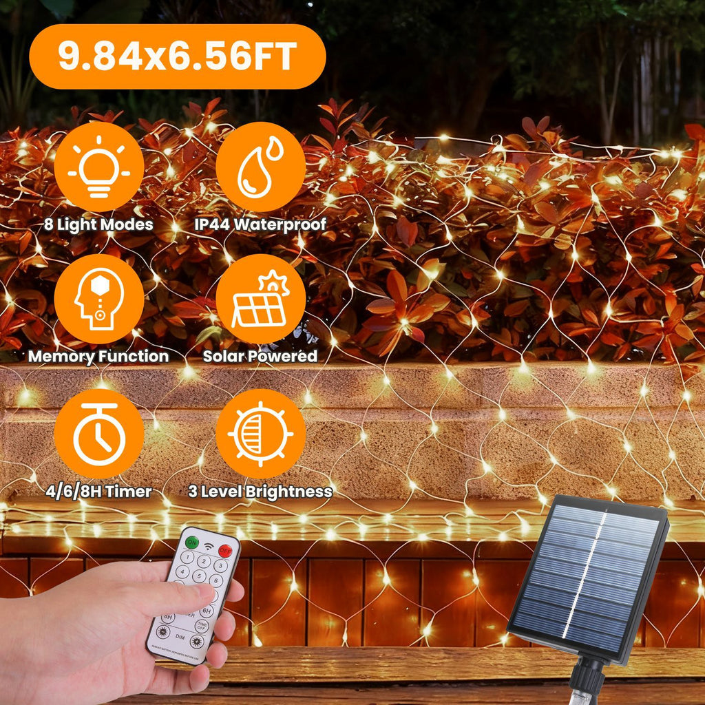 9.84x6.56FT 192LED Solar Christmas Net Lights Outdoor Bush Lights Dimmable IP44 Waterproof with 8 Modes Remote Timer Memory Function for Holiday Party Wedding Patio Garden