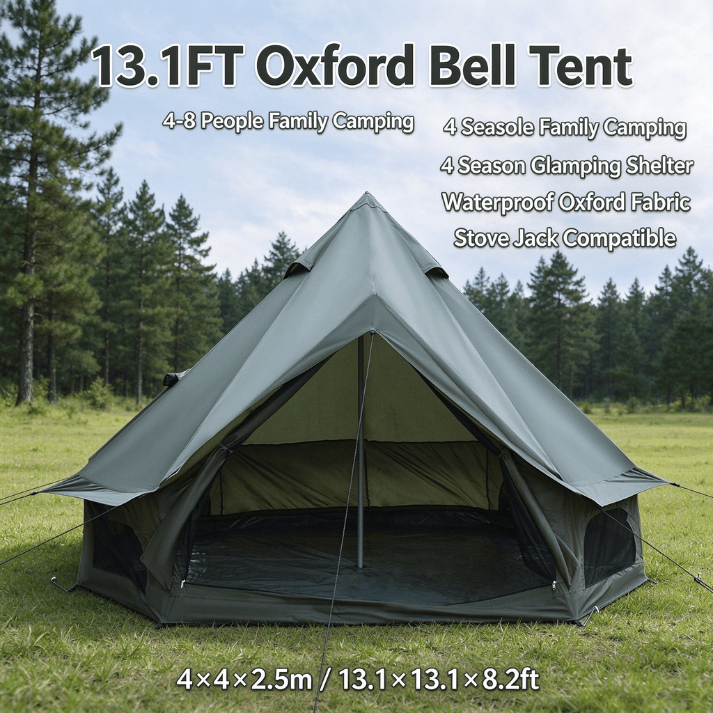 9.8FT 13.1FT Dual Size Options Bell Tent Waterproof Oxford Glamping Tent with Stove Jack, 4 Season Family Camping Yurt Tent OLFC0001