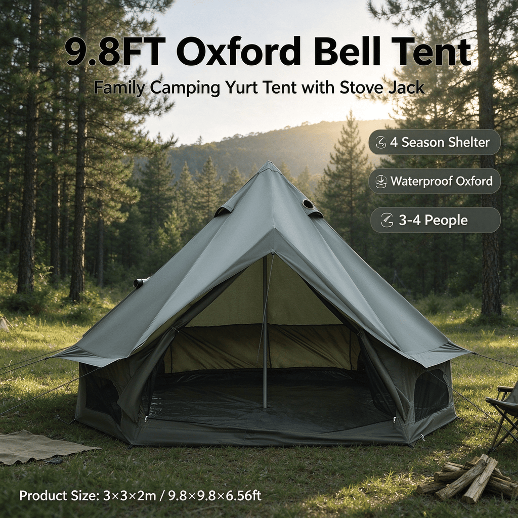 9.8FT 13.1FT Dual Size Options Bell Tent Waterproof Oxford Glamping Tent with Stove Jack, 4 Season Family Camping Yurt Tent OLFC0001