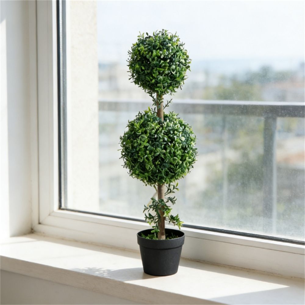 A set of 2 artificial boxwood trees, potted fake plants, simulated plants, green