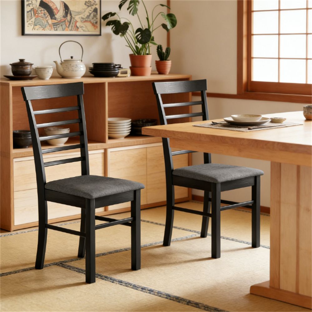 A set of two wooden dining chairs, kitchen chairs, black and gray