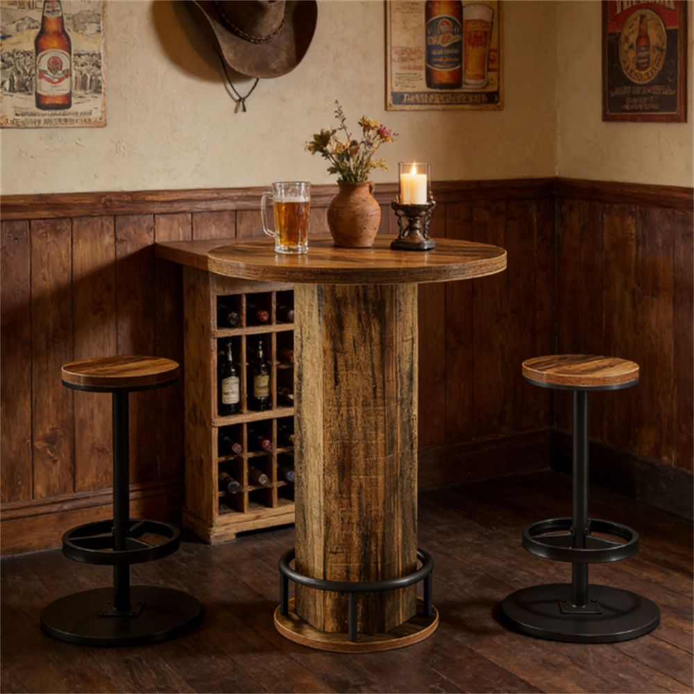 A small bar set with 2 bar stools, cocktail table with bar changing chairs, circular small bar table, perfect for busy family bars, cafes or dining areas
