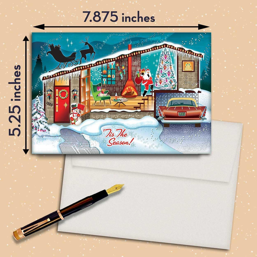 A Visit From Santa - Mid-Century Modern House Christmas Cards - Package of 8 Cards with Envelopes