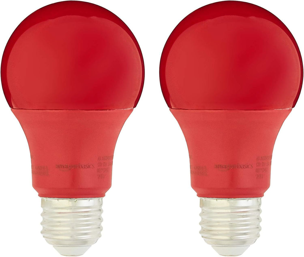 A19 Red Color Party LED Light Bulbs, 60 Watt Equivalent, Energy Efficient 9W, E26 Standard Base, Non-Dimmable, 10,000 Hour Lifetime, 2-Pack
