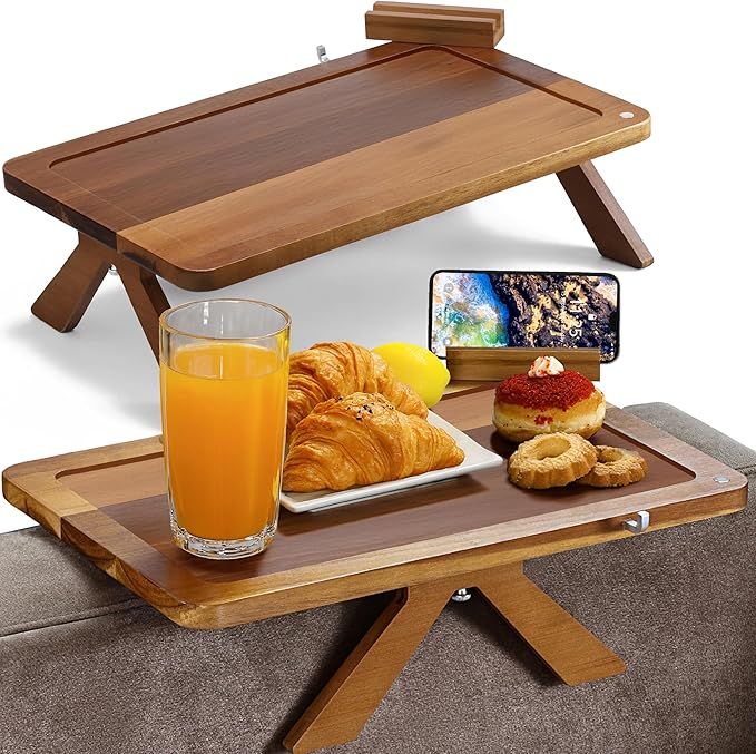 Acacia Couch Arm Tray Table – Fits Sofa Arms up to 8.8" Wide, 3 in 1 Adjustable Couch Arm Table with 360° Rotating Phone Holder, Wire Holder & Non-Slip Mat – Perfect Sofa Tray for Snacks & Coffee
