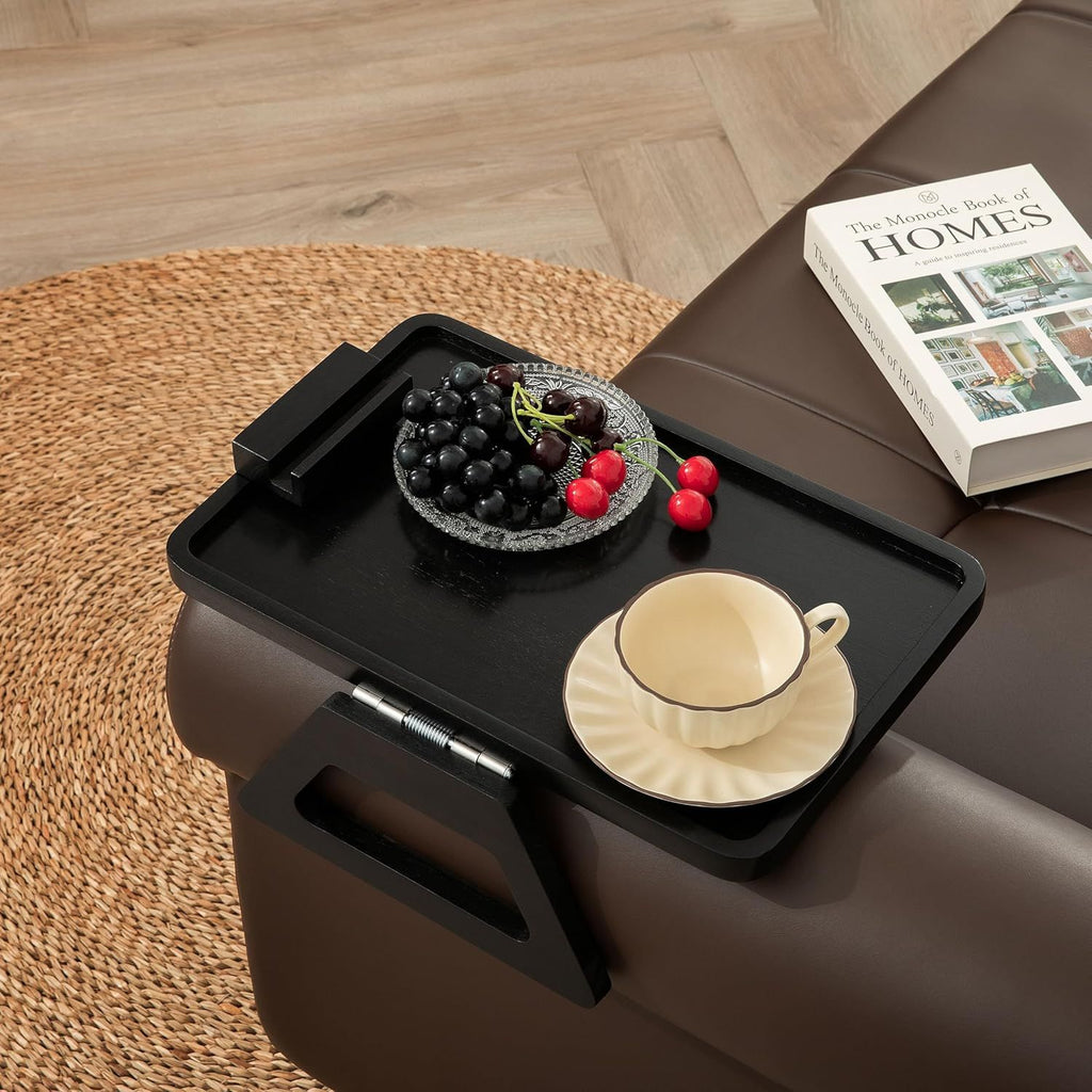 Acacia Wood Arm Table (15.35" D x 9.8" W x 5.7" H), Couch Arm Tray for TV Dinners, Remote, Foldable Armrest Organizer, Rectangular Sofa Armrest Tray - Black