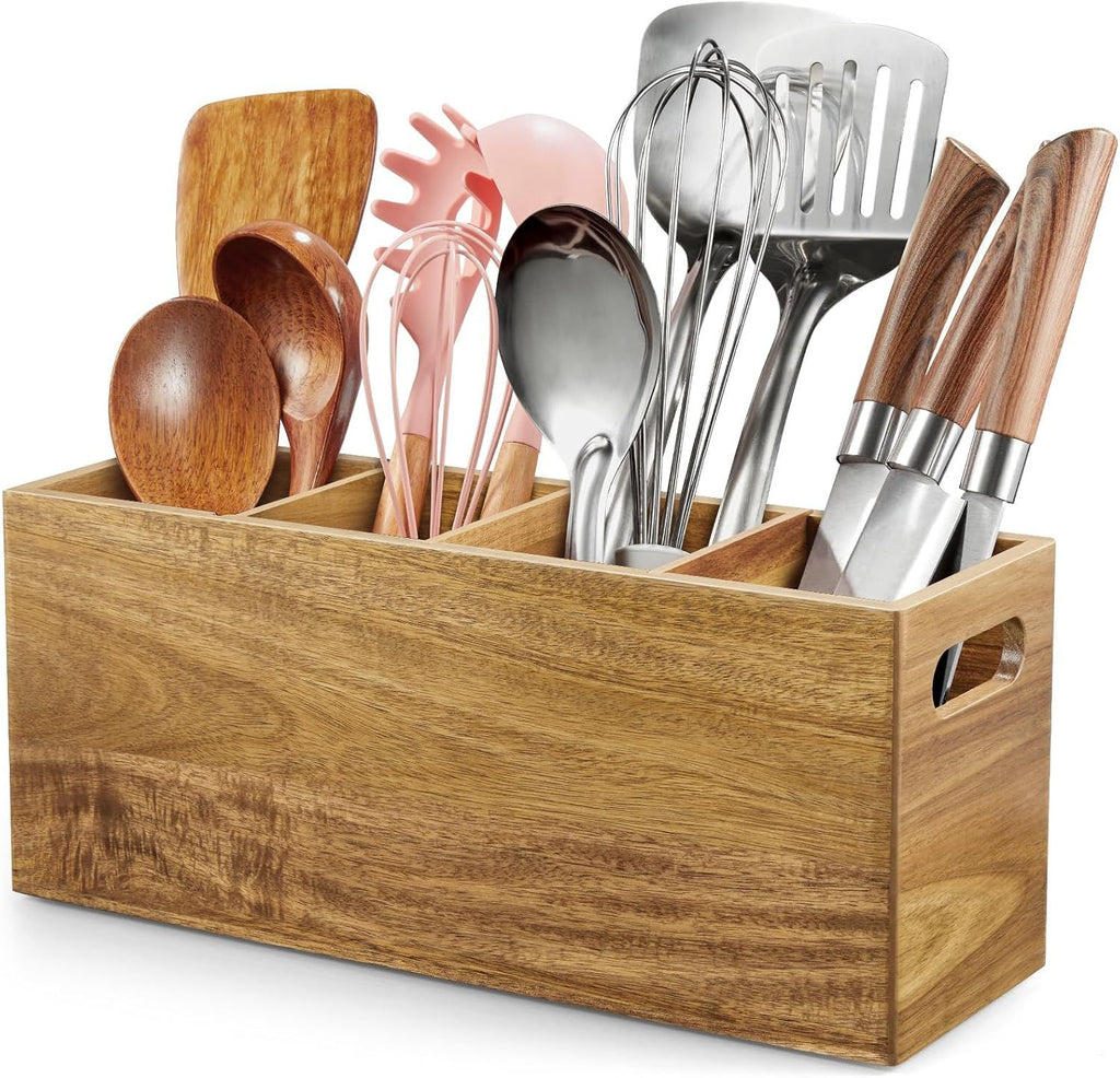 Acacia Wood Utensil Holder with Removable Divider - 4 Compartment Wooden Utensil Caddy Organizer for Kitchen Counter - Cooking Utensil Crock for Countertop
